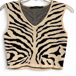 Cream and Black Zebra Animal Print Cropped Tank Women Size L Chic Wild Stretch